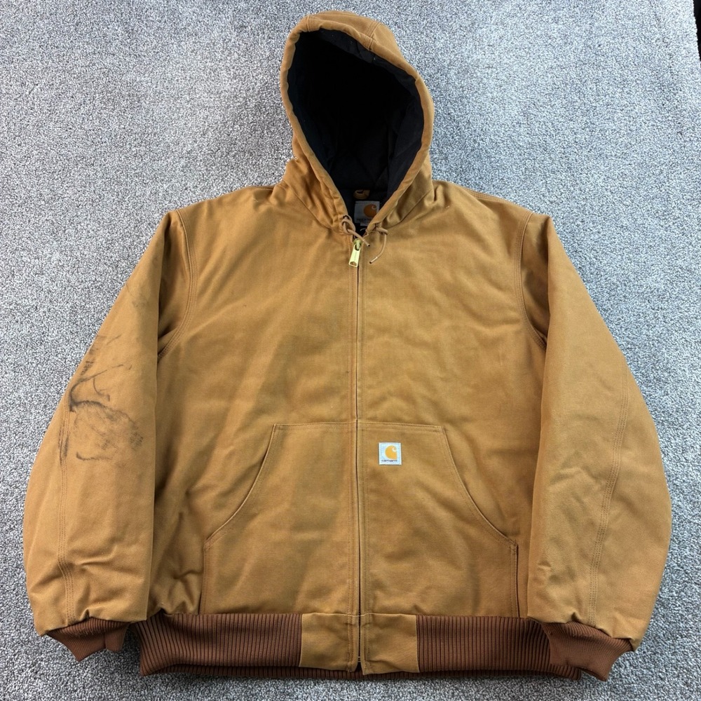 Vintage Carhartt Jacket Mens XL Brown Canvas Hooded Quilted Active J140 BRN